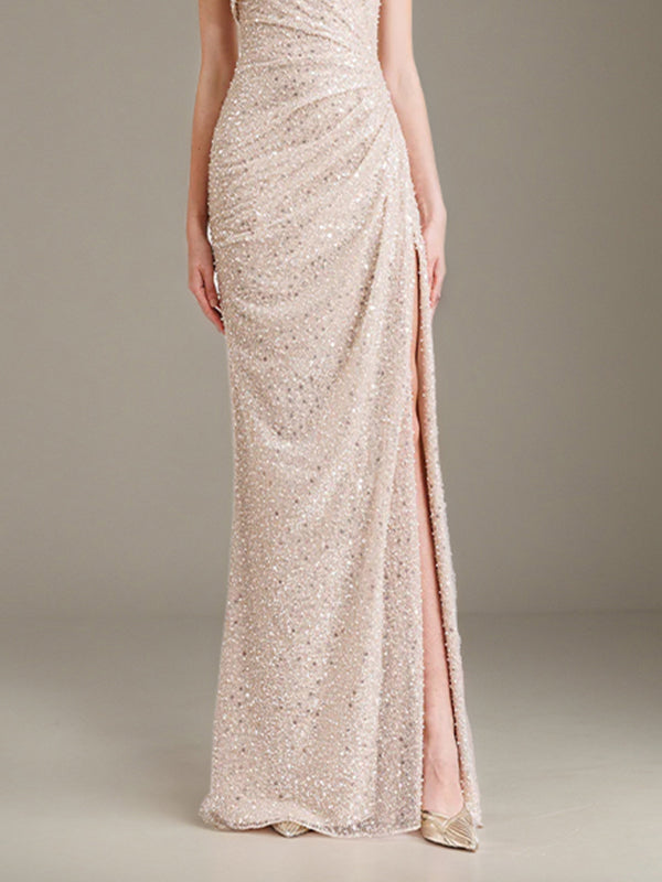 Evening Dress Off the Shoulder	Sequins Sleeveless Ruffles High Slit