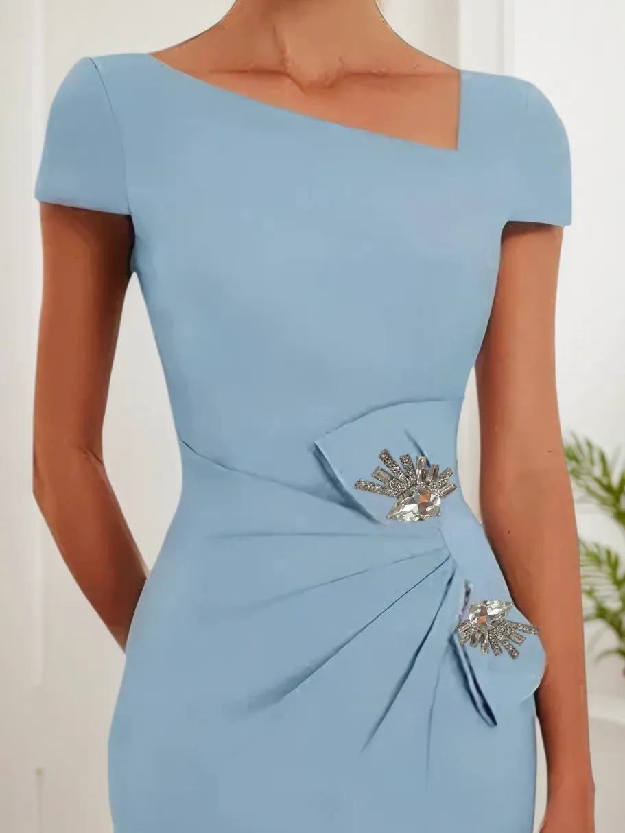 Light Blue Rhinestone Bow Short Sleeve Sheath Midi Dress