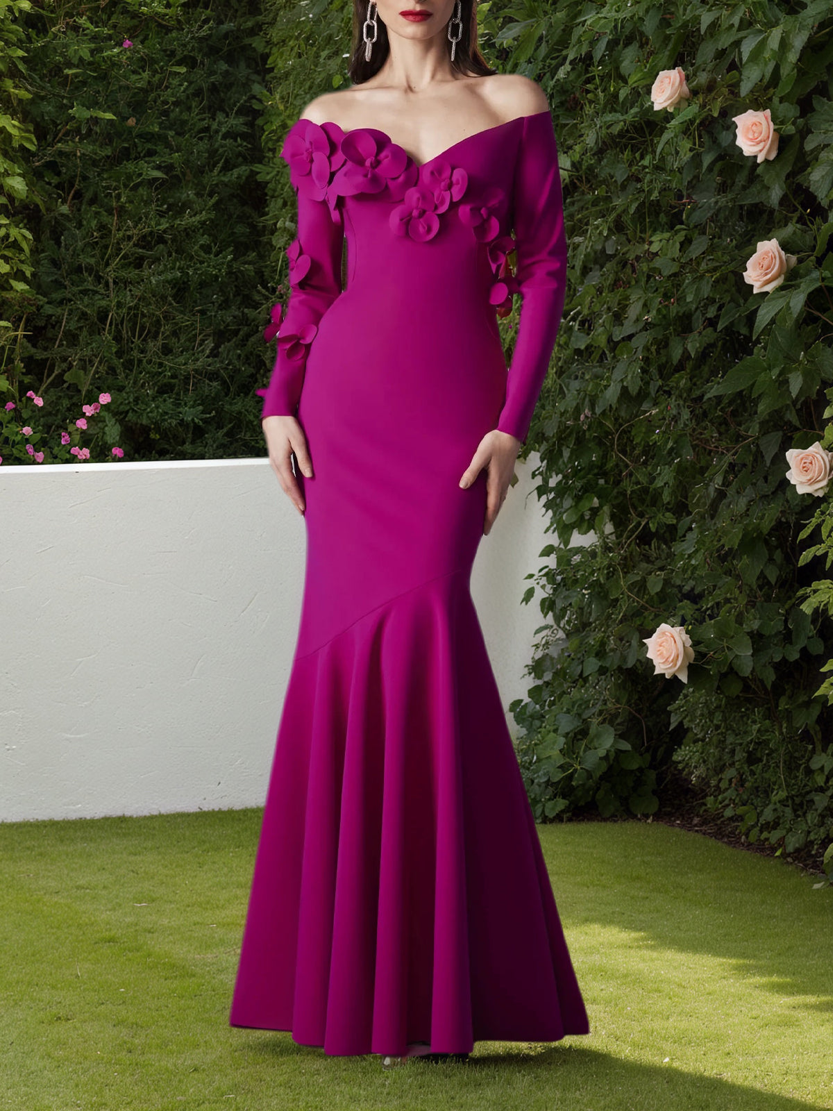 3D Flower Off-Shoulder Solid Maxi Dress