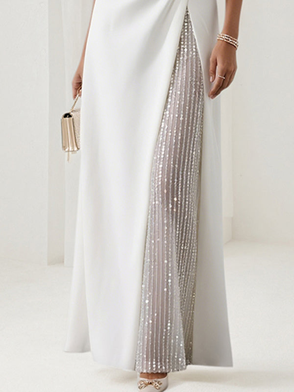 A Line White Chiffon Round Neck Sleeveless Floor Length Dress With Sequins