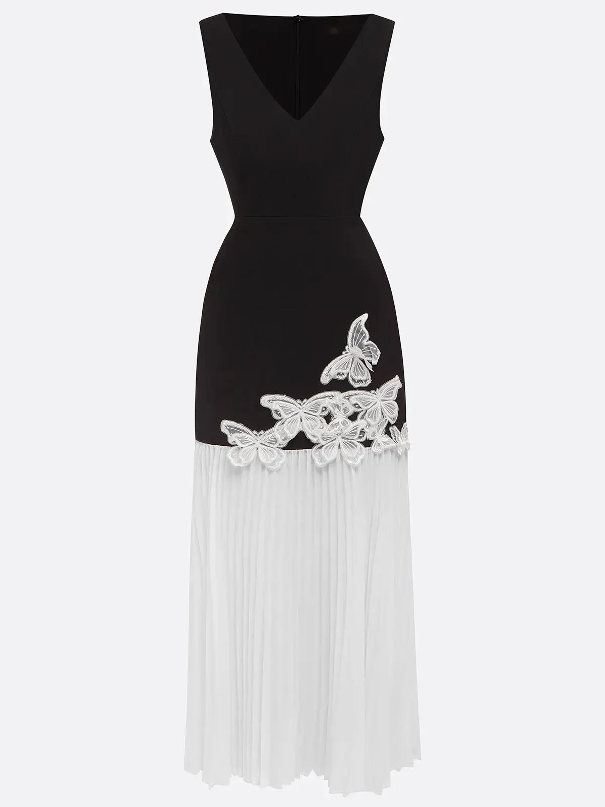 Black Pleated 3D Floral Classic V Neck Sleeveless Mermaid Maxi Dress