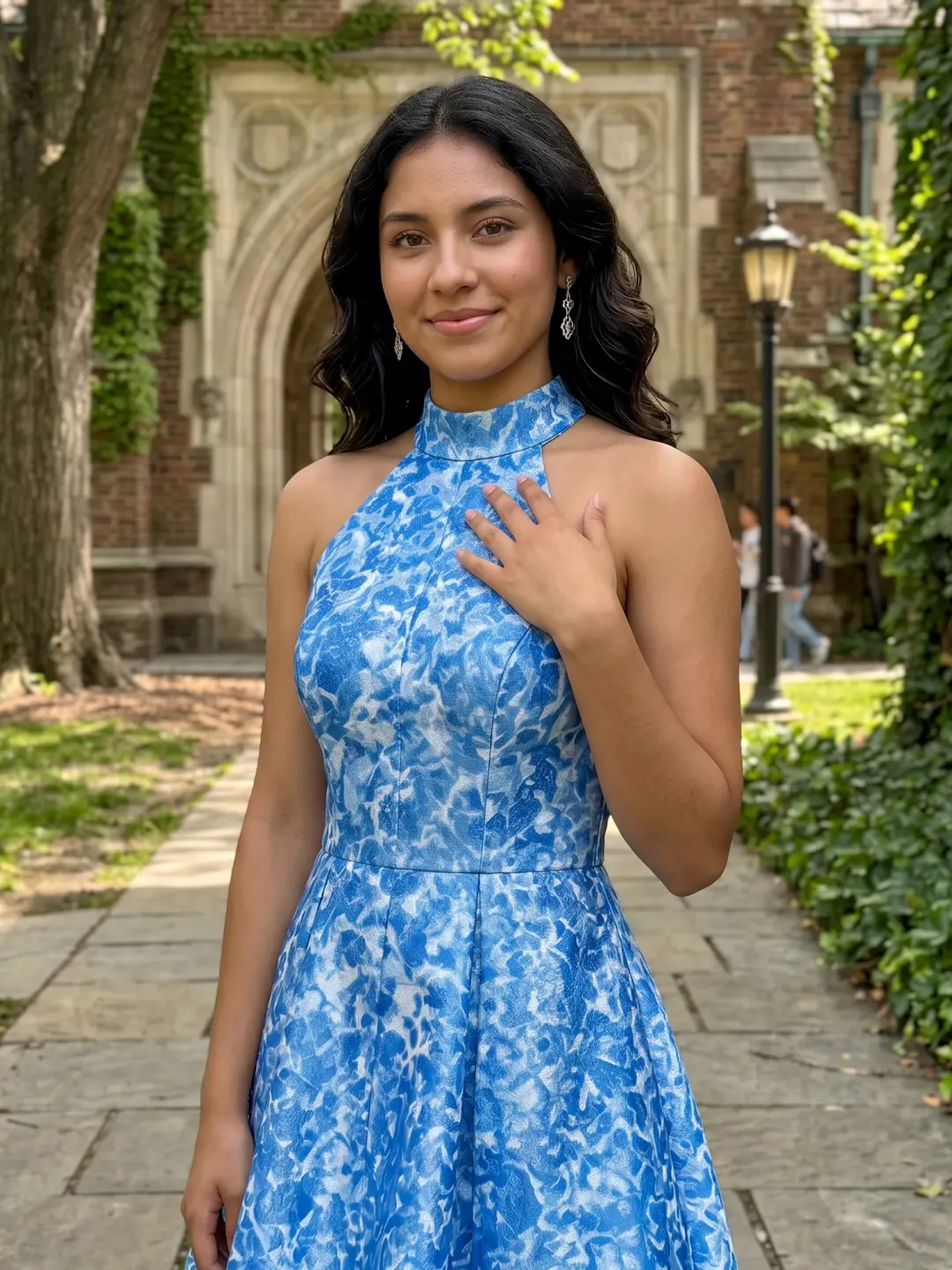 Blue Floral Print Halter Neck A-Line Homecoming Dress