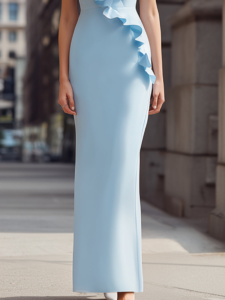 Ruffle Trim V-Neck Sleeveless Maxi Dress