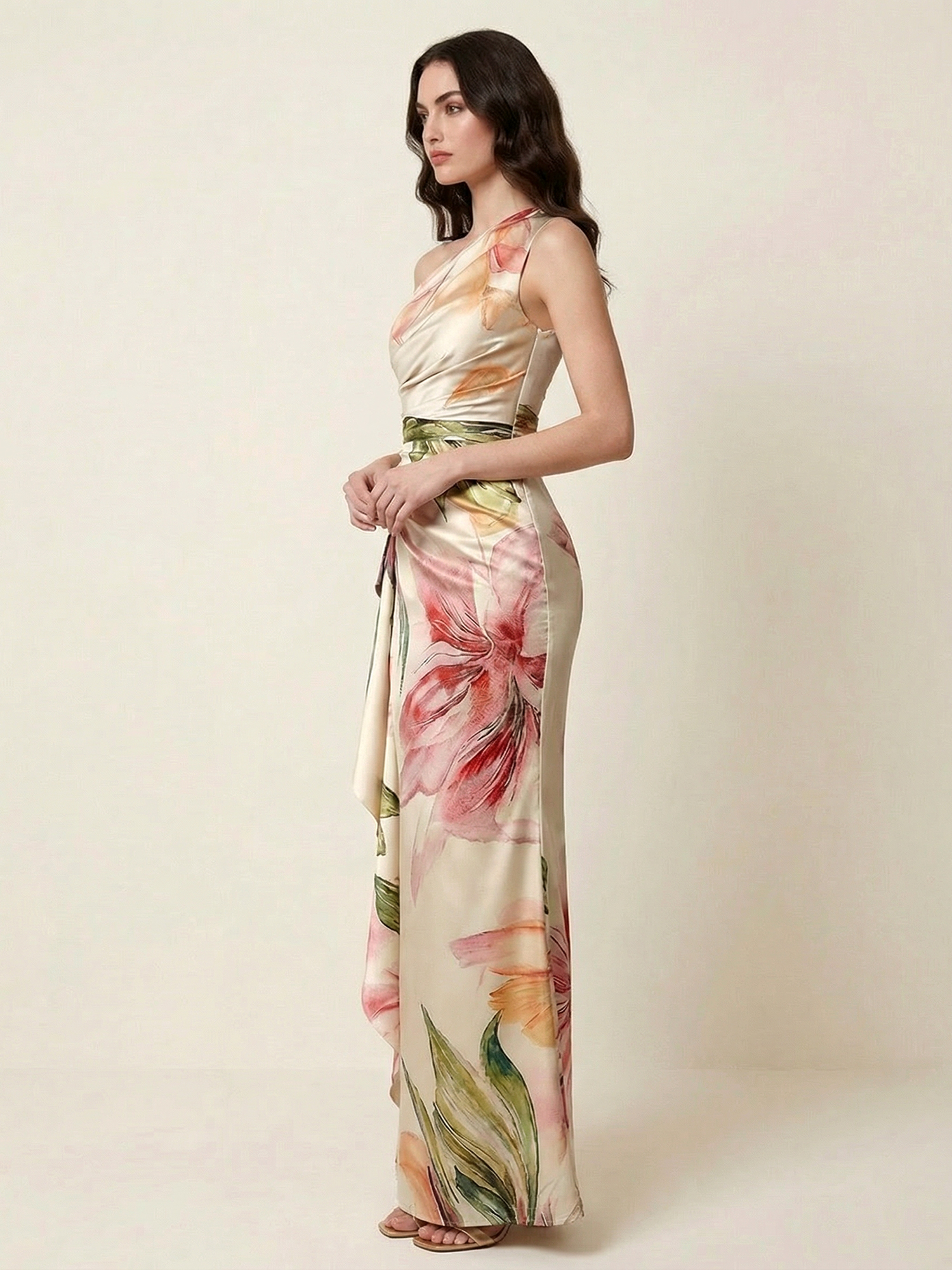Cream Blush Floral One-Shoulder Satin Mermaid Gown