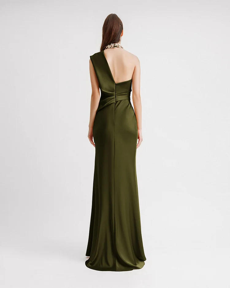 One-Shoulder Draped Olive Dress