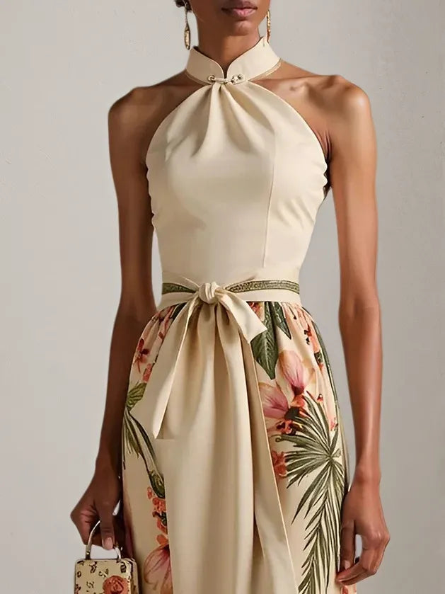 Beige Bow Classic Halter Floral Sleeveless A-Line Maxi Dress