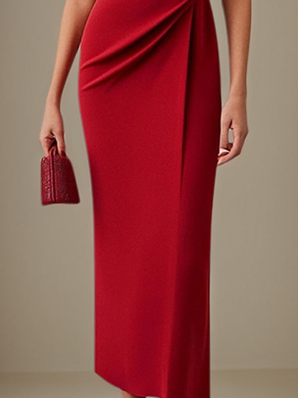 Business Work Red Dress Round Neck Ankle Length Dress