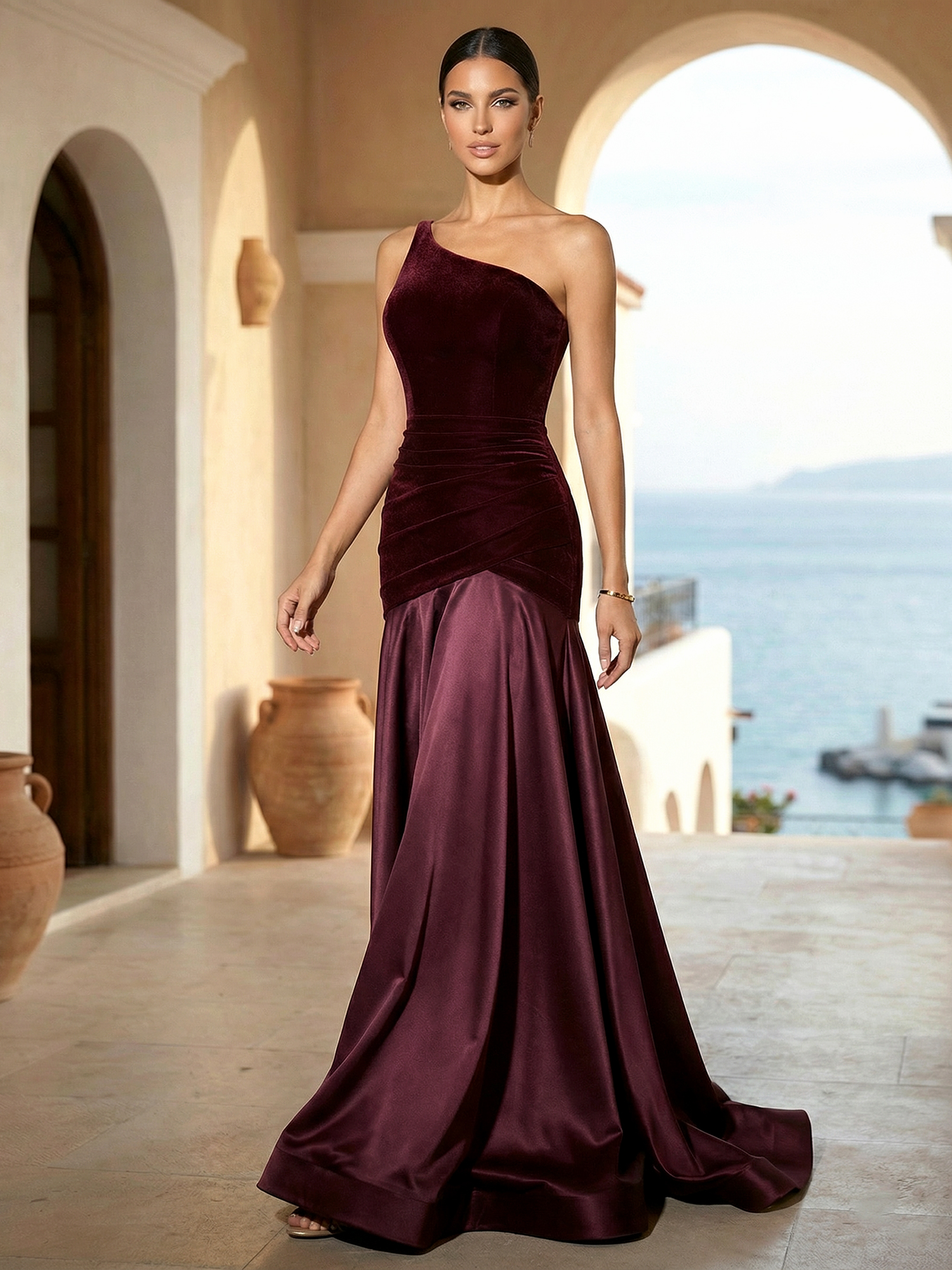 Burgundy Ruched Split Joint Velvet One Shoulder Sleeveless A-Line Gown Dress