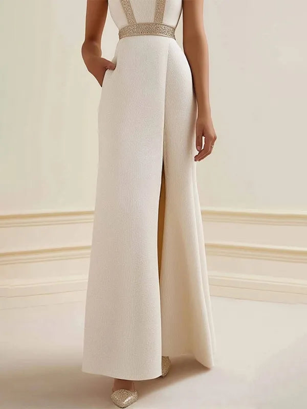 Semi-Formal Party Dress Beige Sleeveless Pocketed Side Slit Maxi Dress