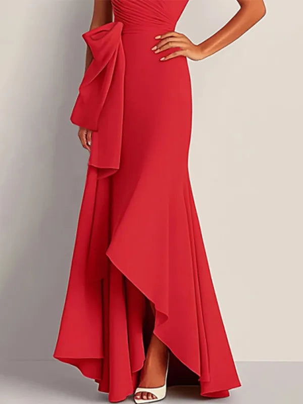 Formal Dress Red Strapless Pleated Waist Draped Floor-Length Gown