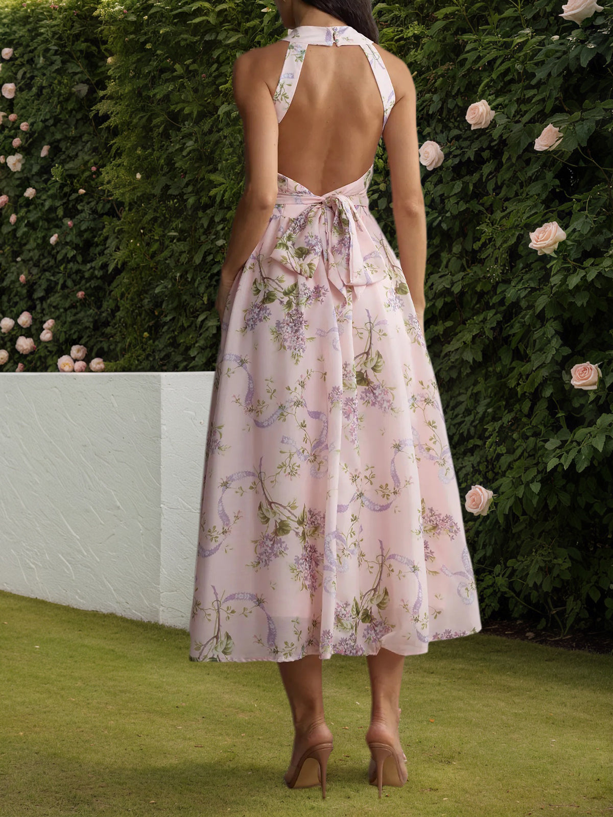 Pink Floral Print Open Back Midi Dress