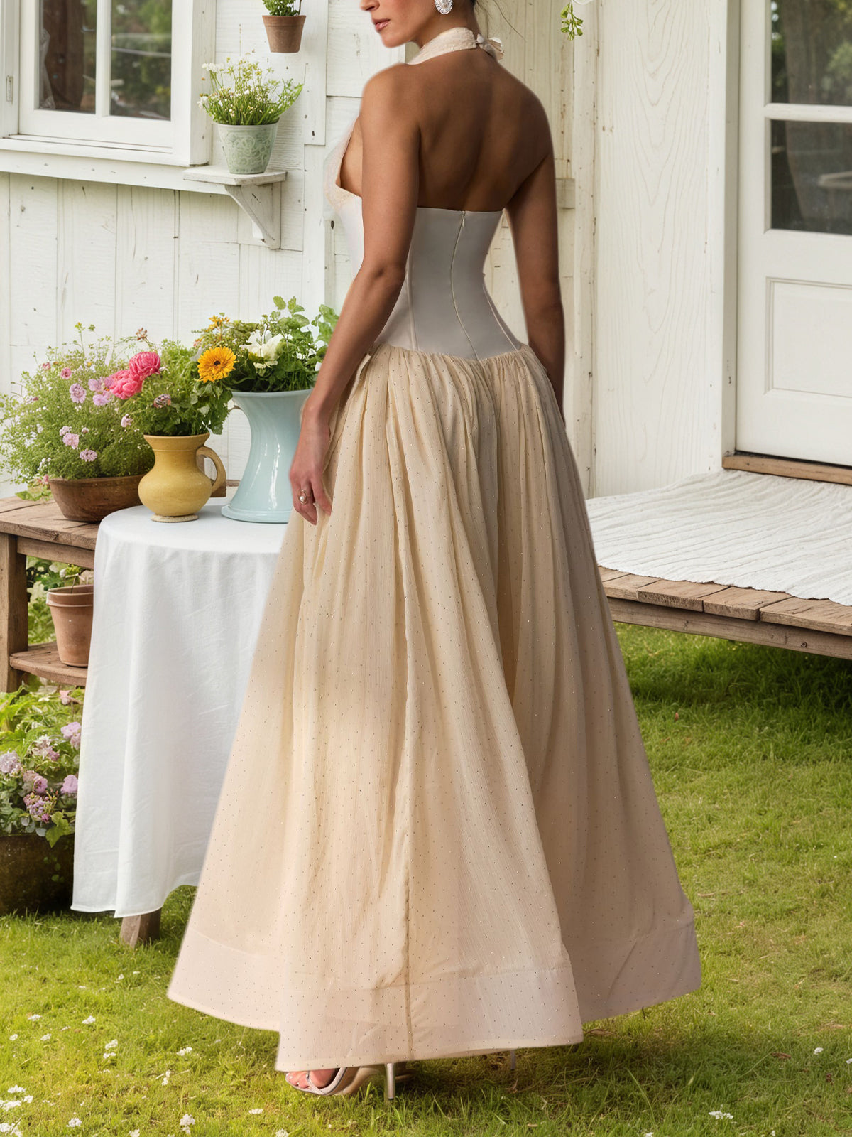White Halterneck Tulle Overlay Maxi Dress