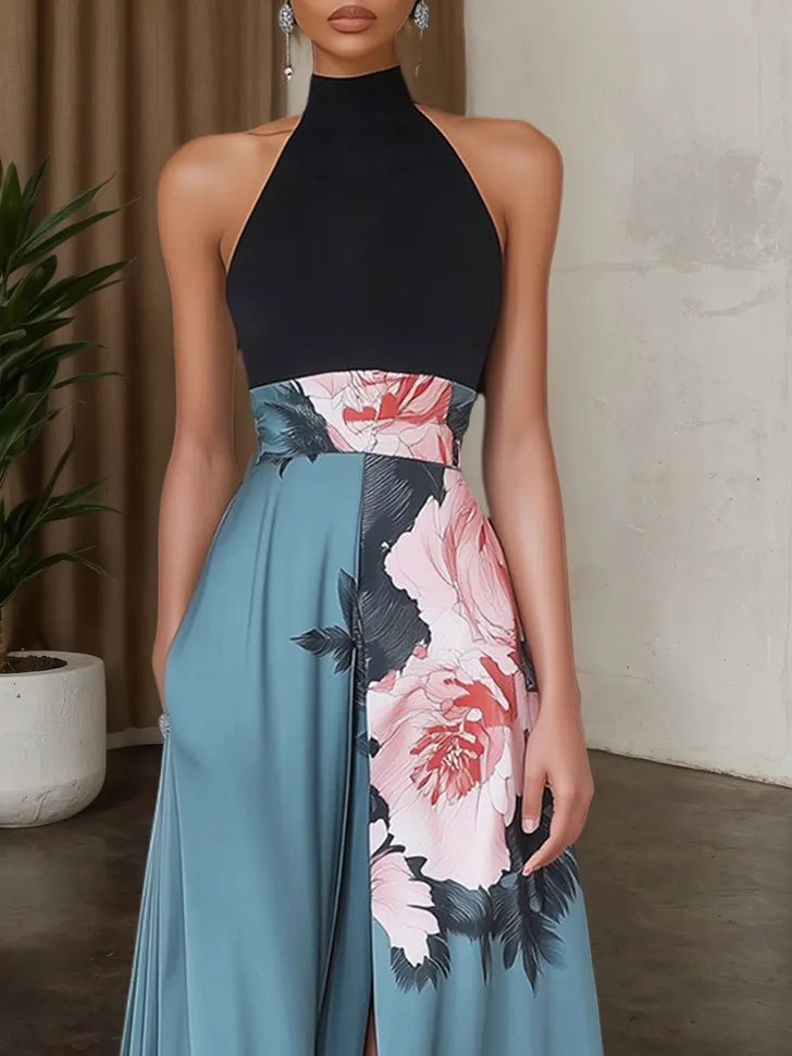 Black Slit Floral Satin Halter Sleeveless A-Line Maxi Dress