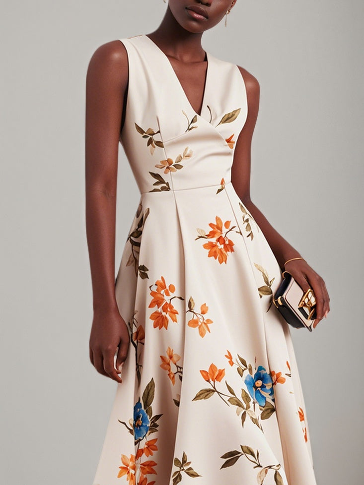 Beige Classic V Neck Floral Sleeveless A-Line Midi Dress