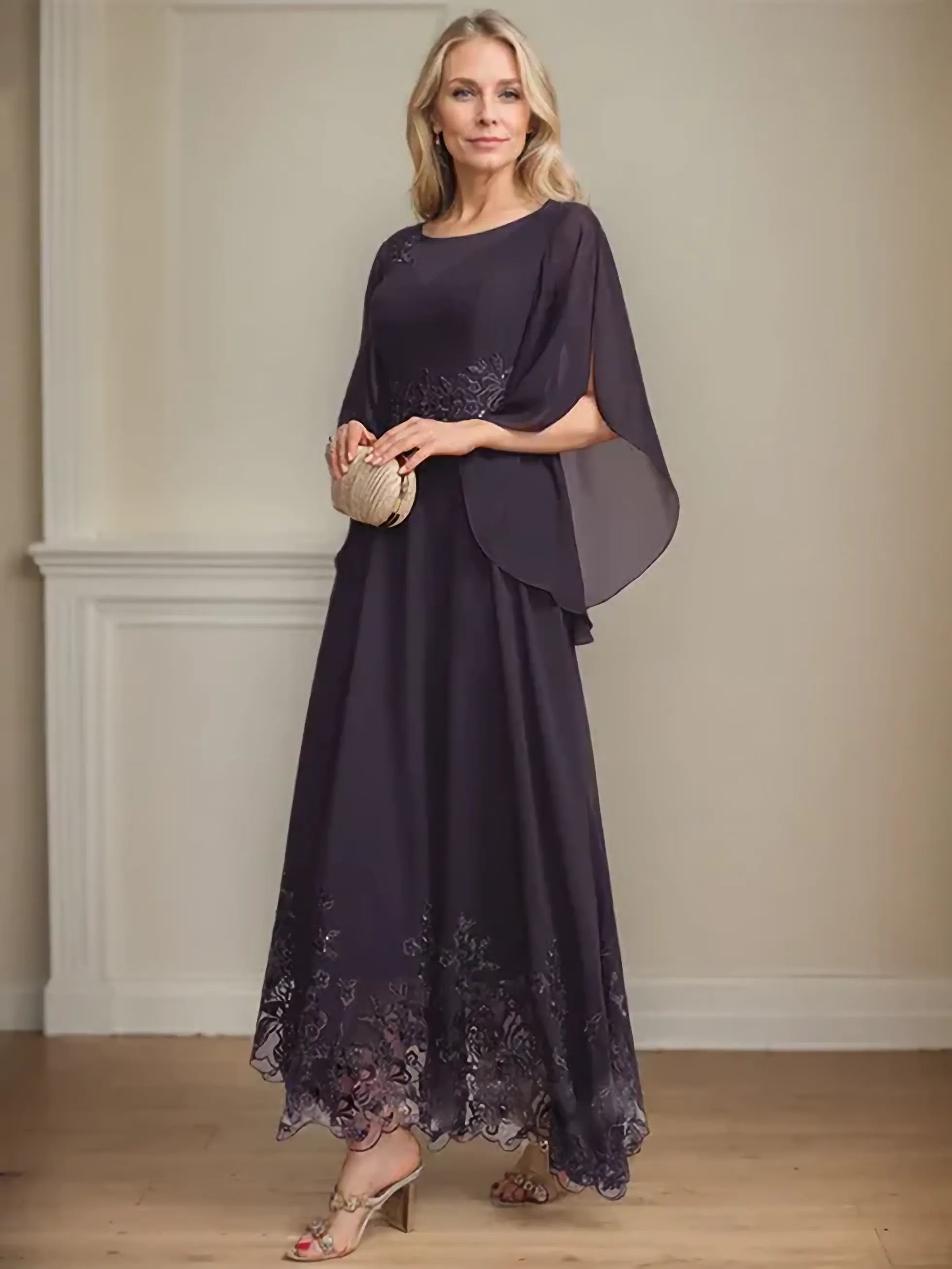 A-line Scoop Illusion Ankle-Length Lace Chiffon Mother of the Bride Dress With Sequins