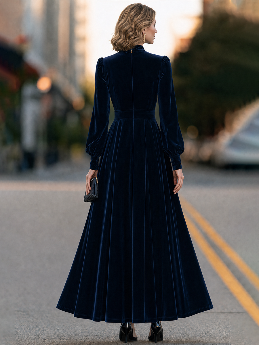 Tie-Neck Bishop Sleeve High-Slit Velvet Maxi Dress