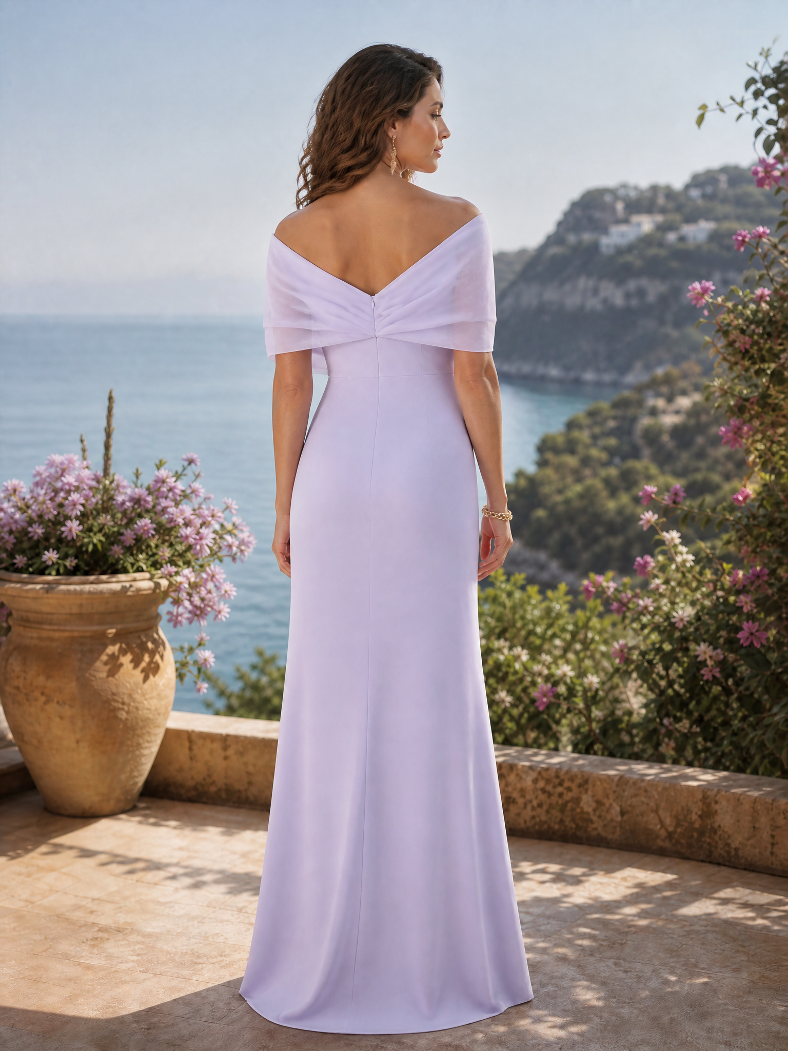Lilac Off Shoulder Draped Mermaid Formal Dress With Front Slit