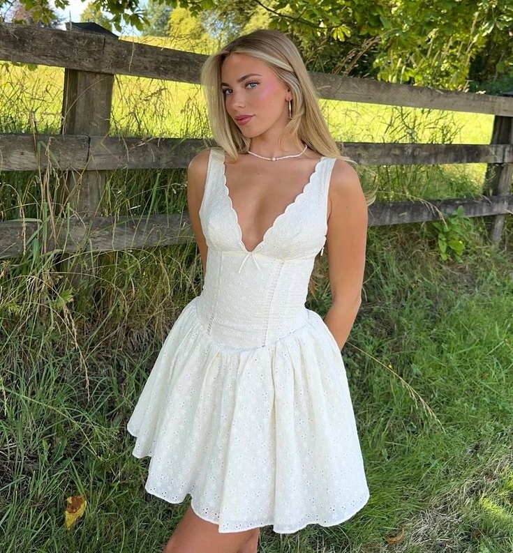 White Eyelet Corset Mini Dress with Scalloped V-Neck
