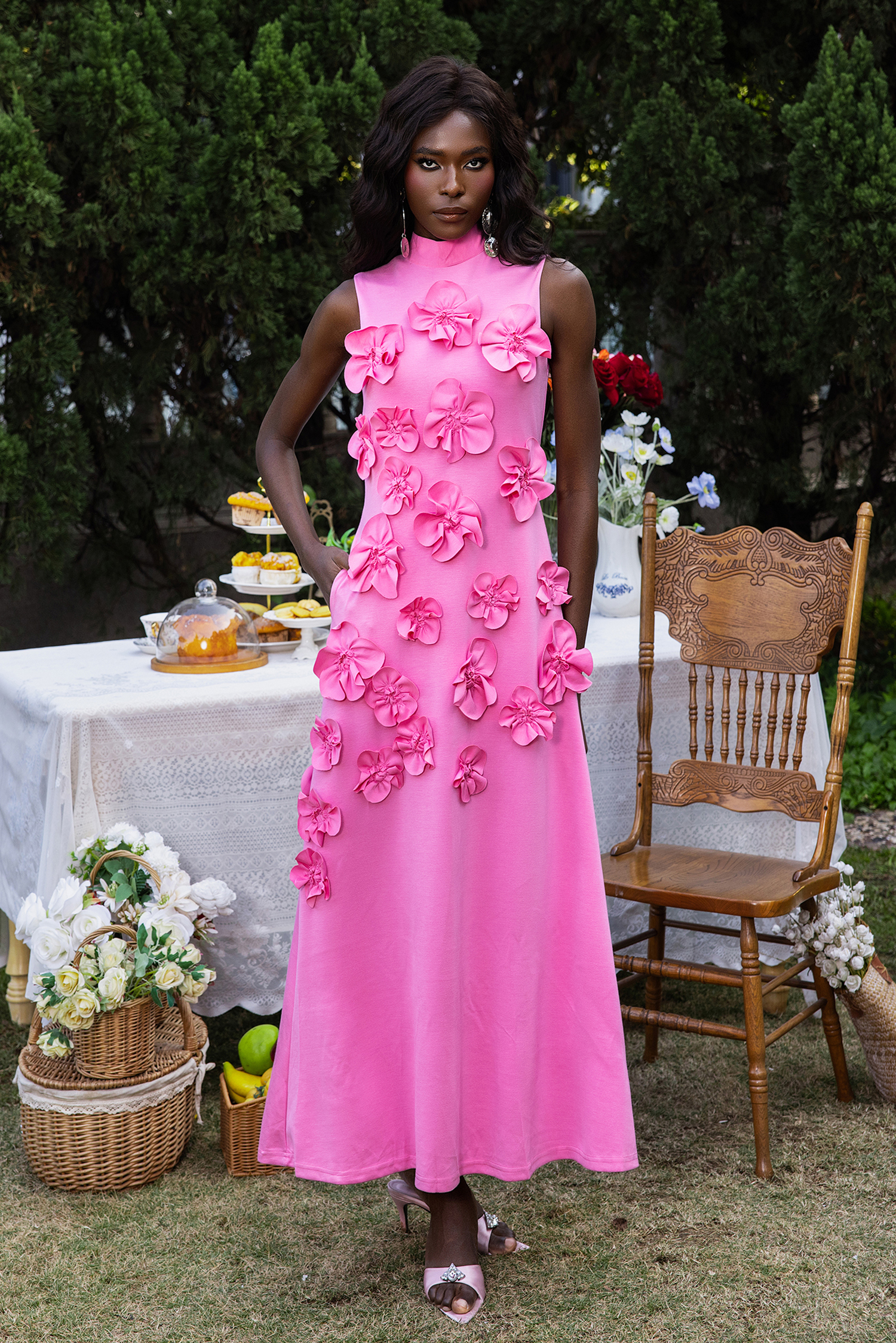 3D Floral High Neck Sleeveless Maxi Dress