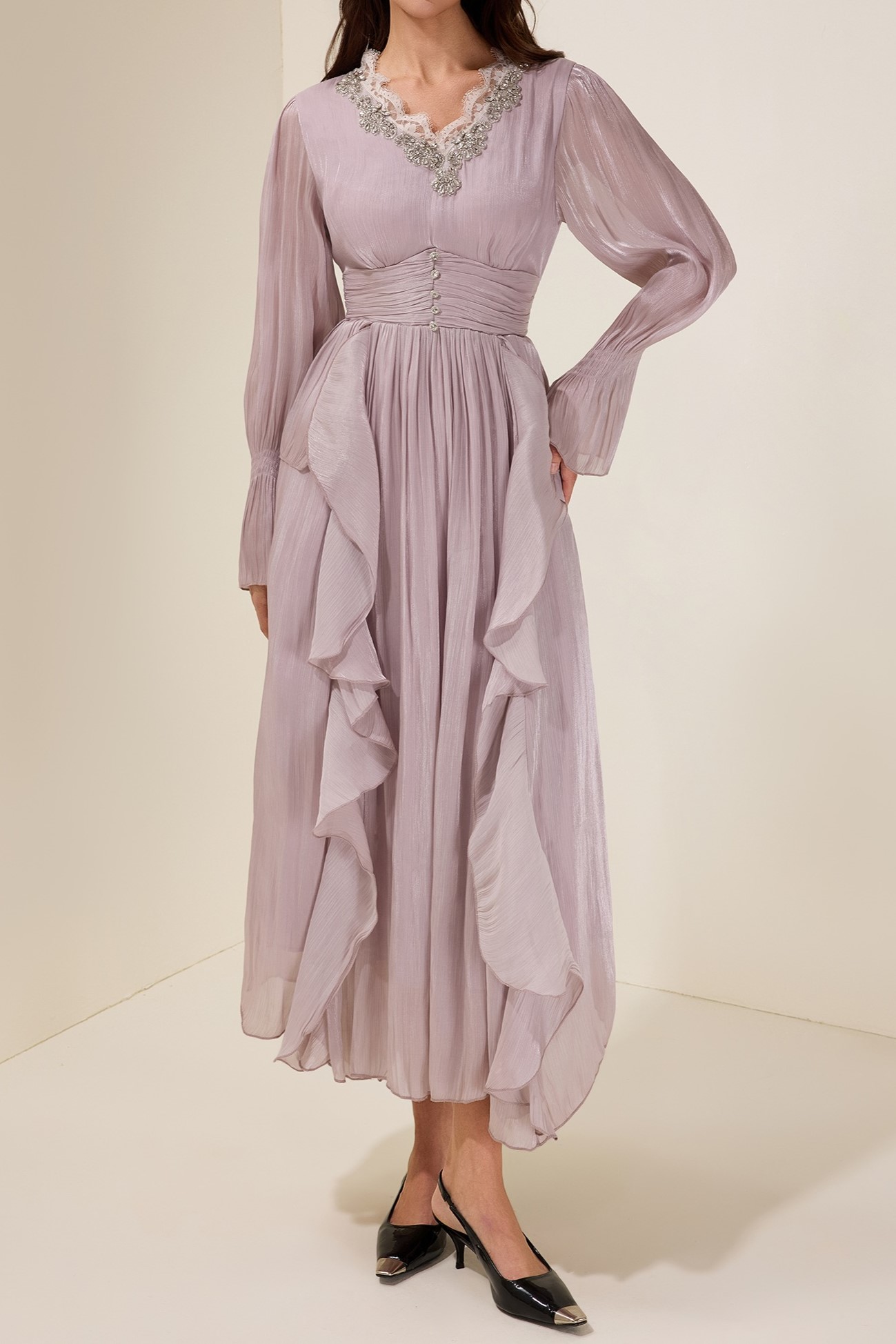 Purple Nail Bead Embroidery Frill Lace Midi Dress