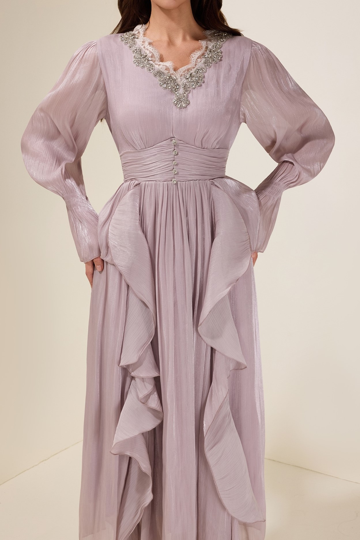 Purple Nail Bead Embroidery Frill Lace Midi Dress