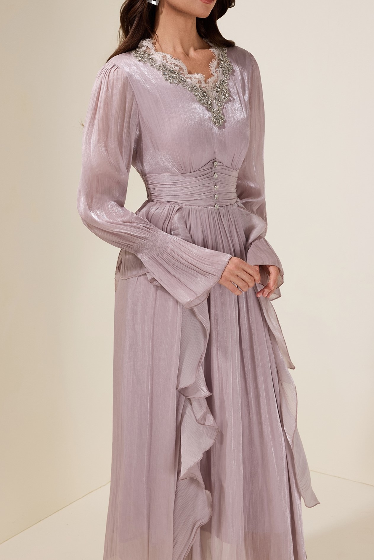 Purple Nail Bead Embroidery Frill Lace Midi Dress