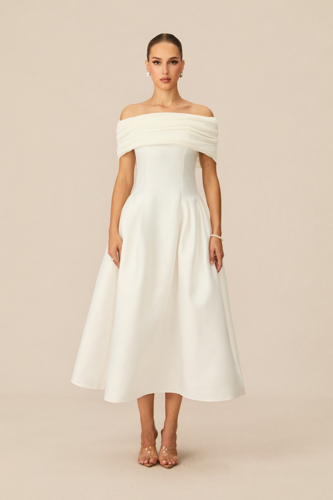White Off Shoulder Flare Satin Midi Dress