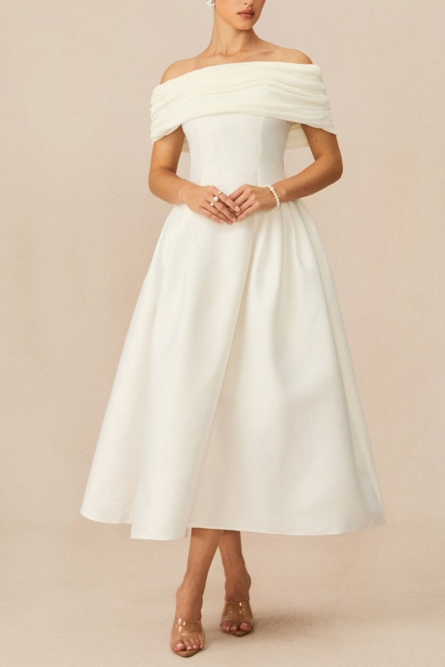 White Off Shoulder Flare Satin Midi Dress