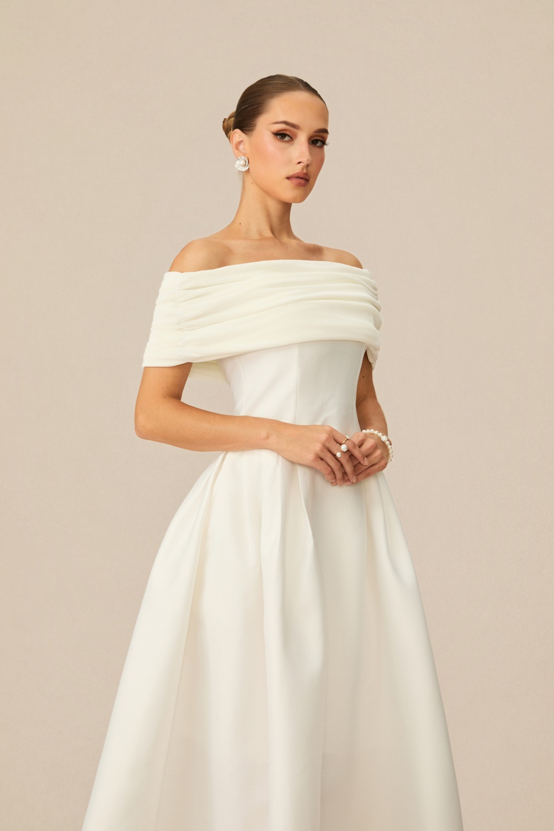 White Off Shoulder Flare Satin Midi Dress