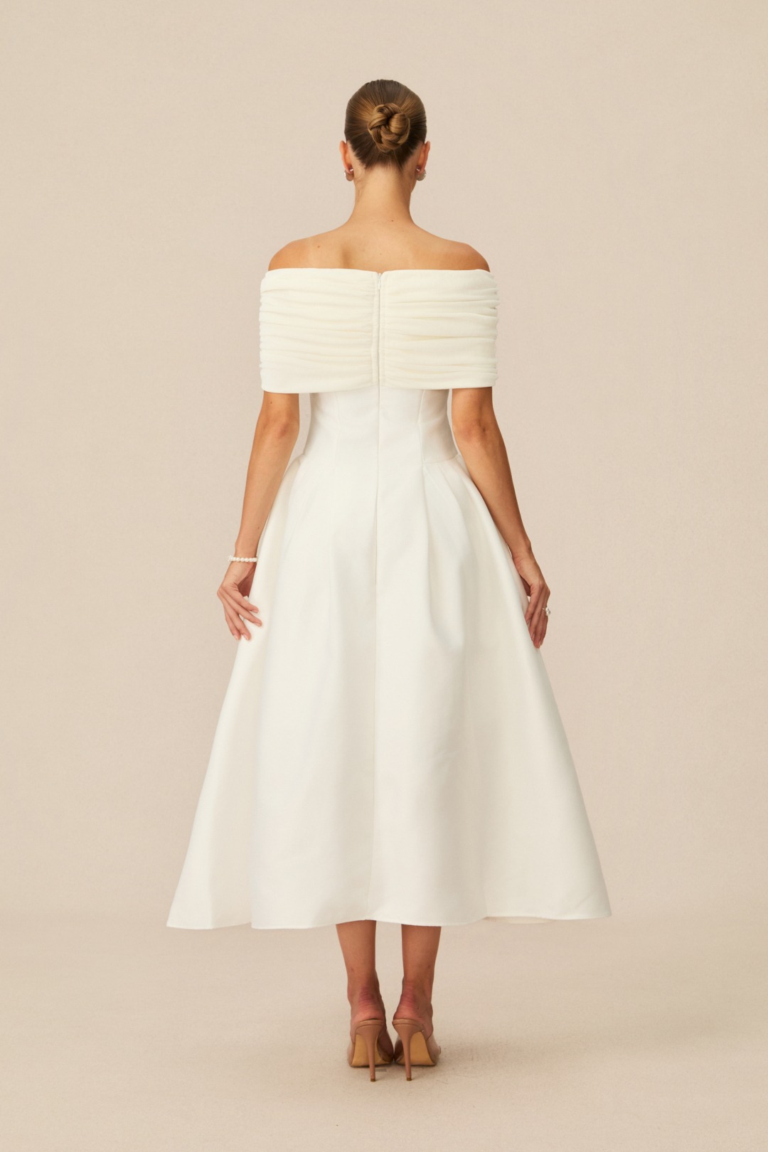 White Off Shoulder Flare Satin Midi Dress