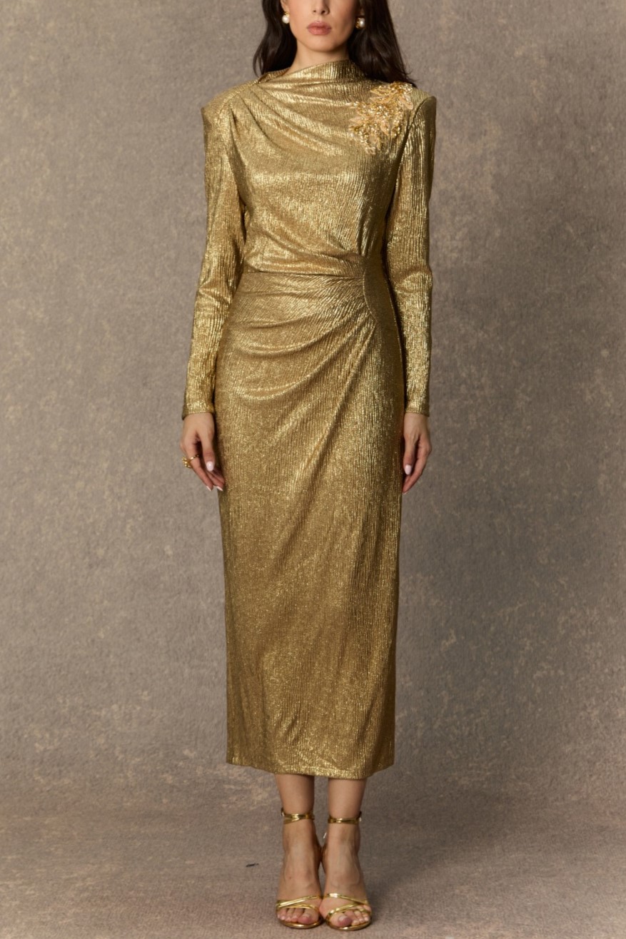 Brilliant Allure Gold Floral Embellished Texture Midi Dress