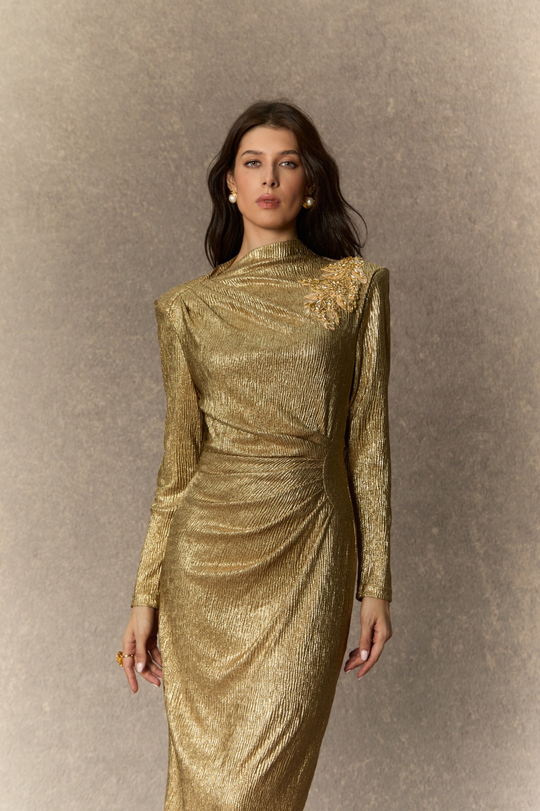 Brilliant Allure Gold Floral Embellished Texture Midi Dress