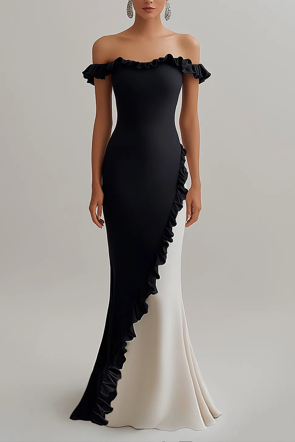 Formal Evening Gown Color Block Off-Shoulder Ruffle Floor-Length Dress