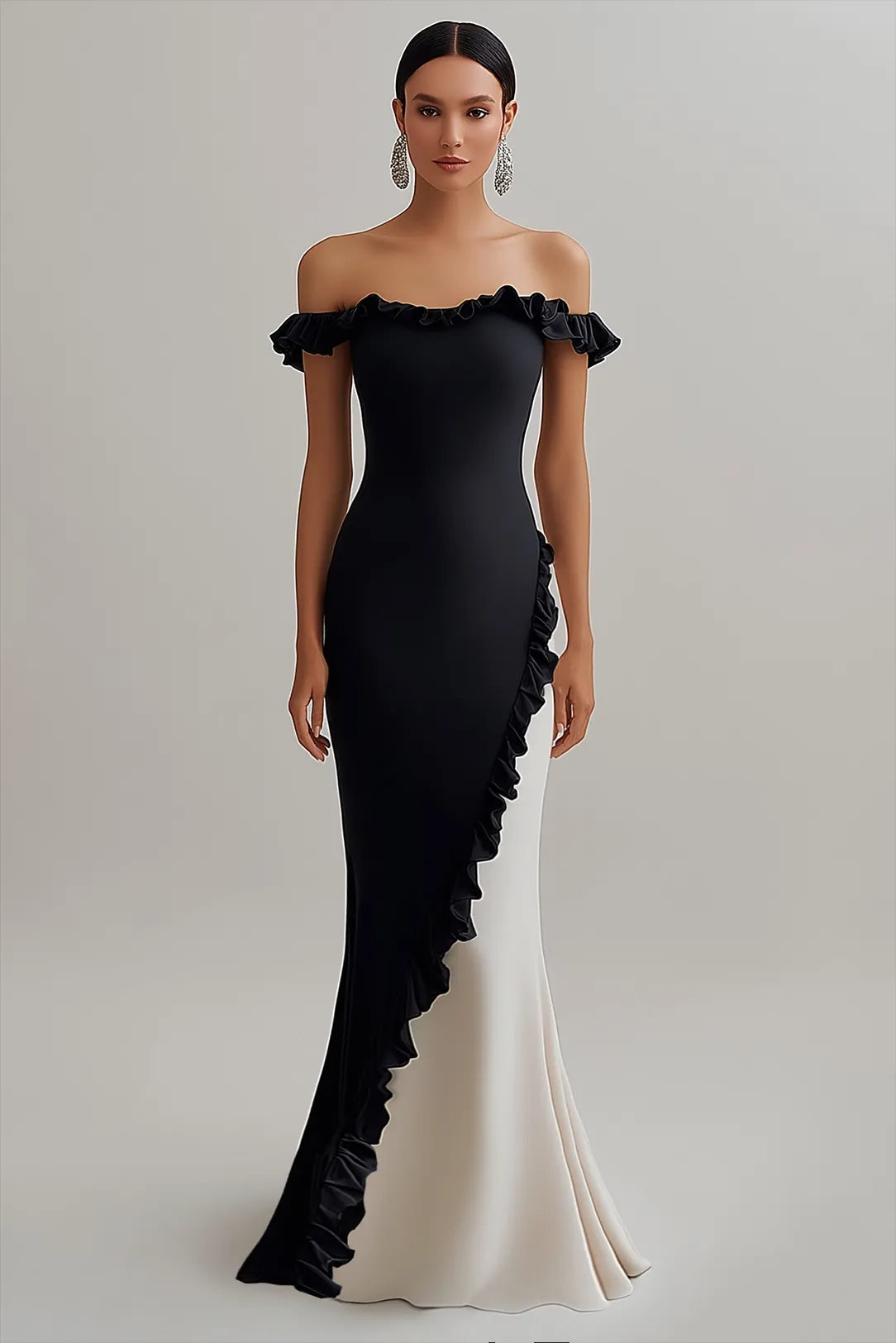 Formal Evening Gown Color Block Off-Shoulder Ruffle Floor-Length Dress