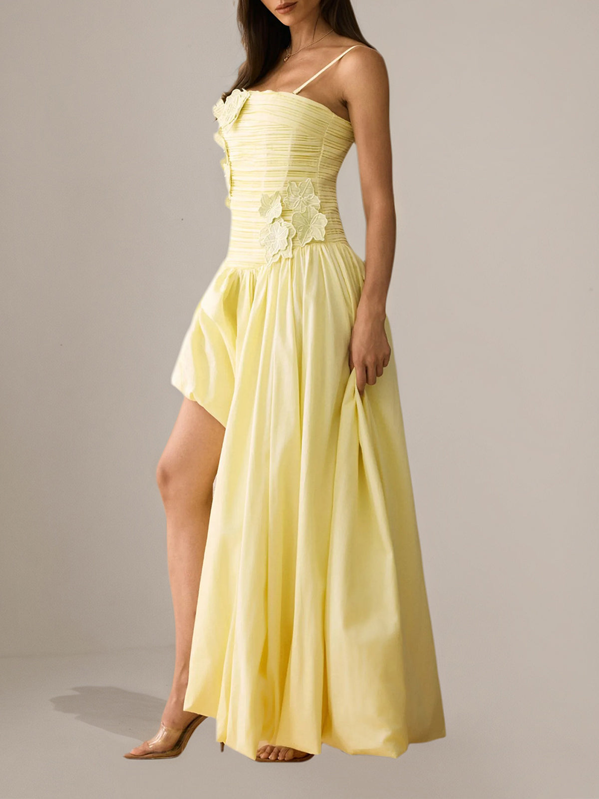 Floral Applique Asymmetric Hem Maxi Dress
