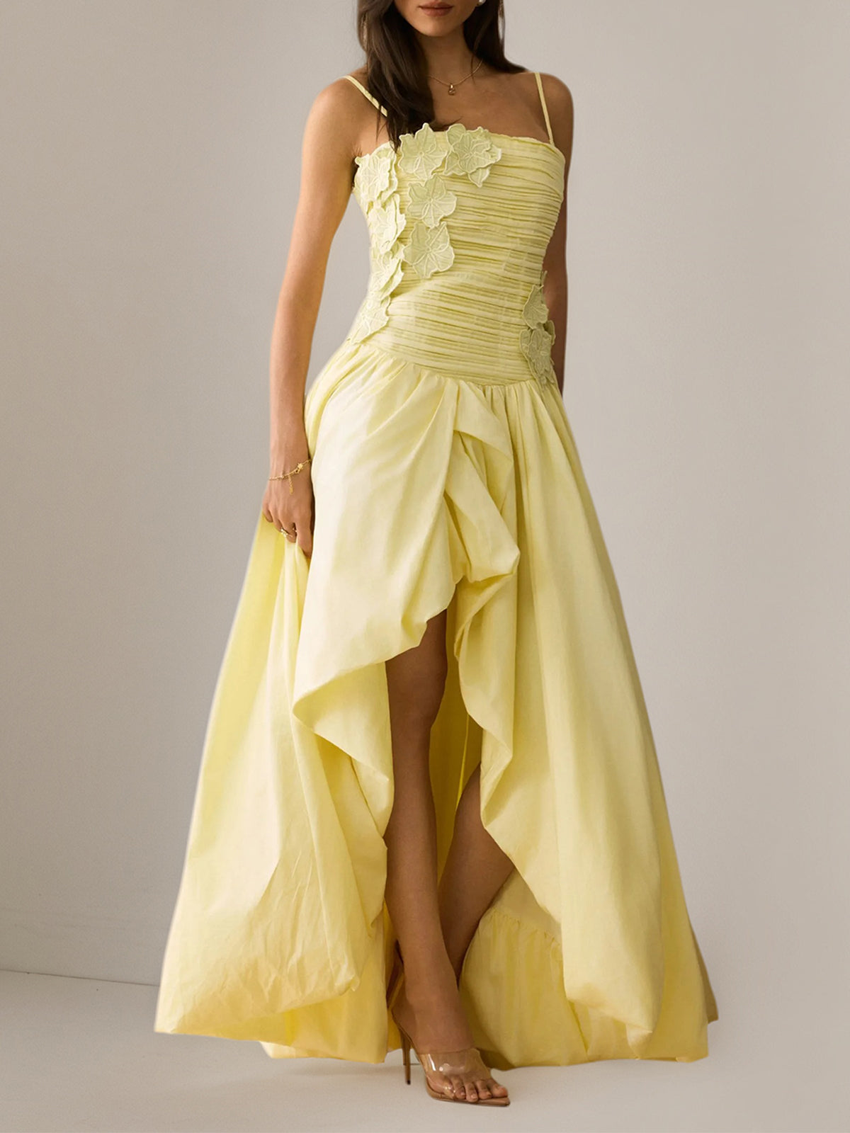 Floral Applique Asymmetric Hem Maxi Dress