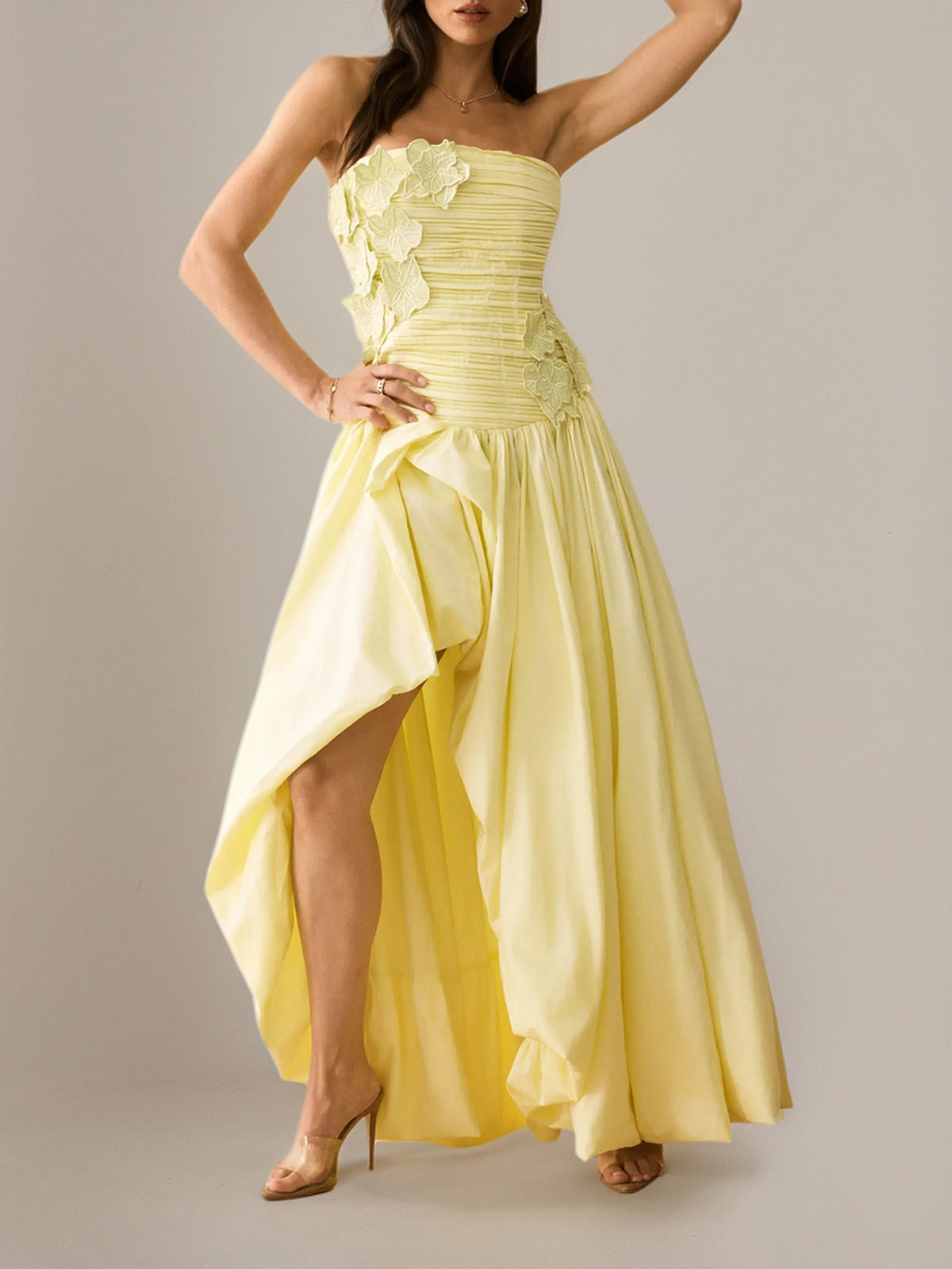 Floral Applique Asymmetric Hem Maxi Dress