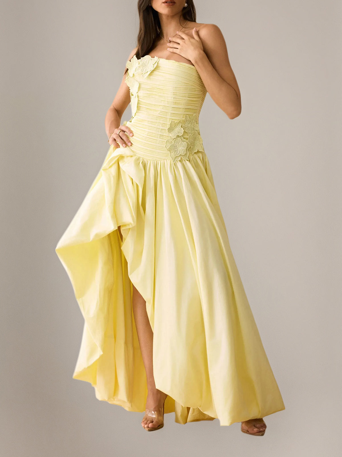 Floral Applique Asymmetric Hem Maxi Dress