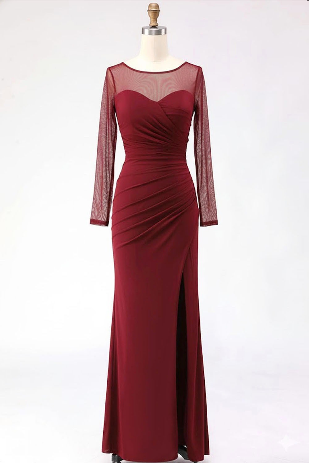 Cabernet Ruched Mermaid Illusion Neck Long Formal Dress with Silt