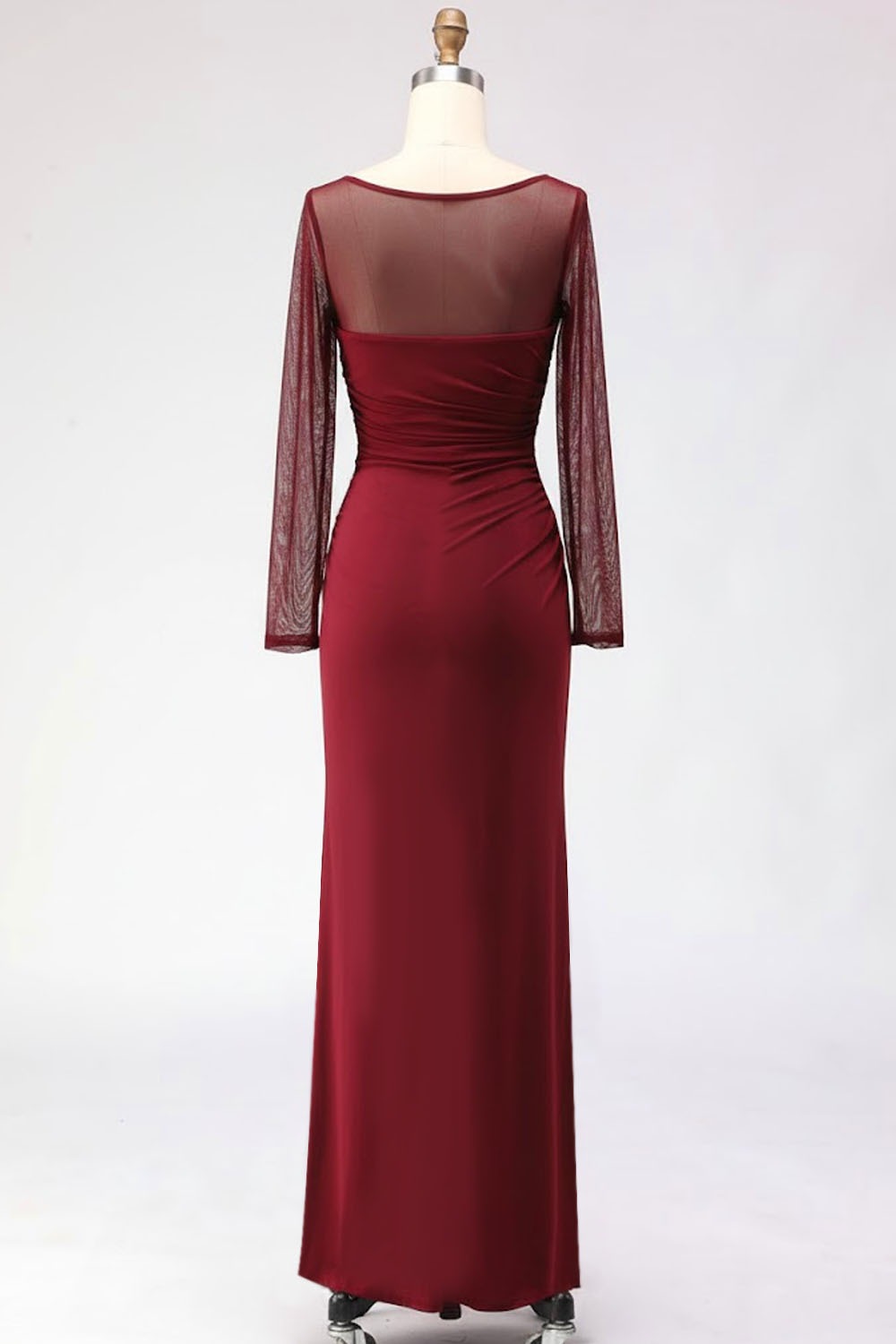 Cabernet Ruched Mermaid Illusion Neck Long Formal Dress with Silt