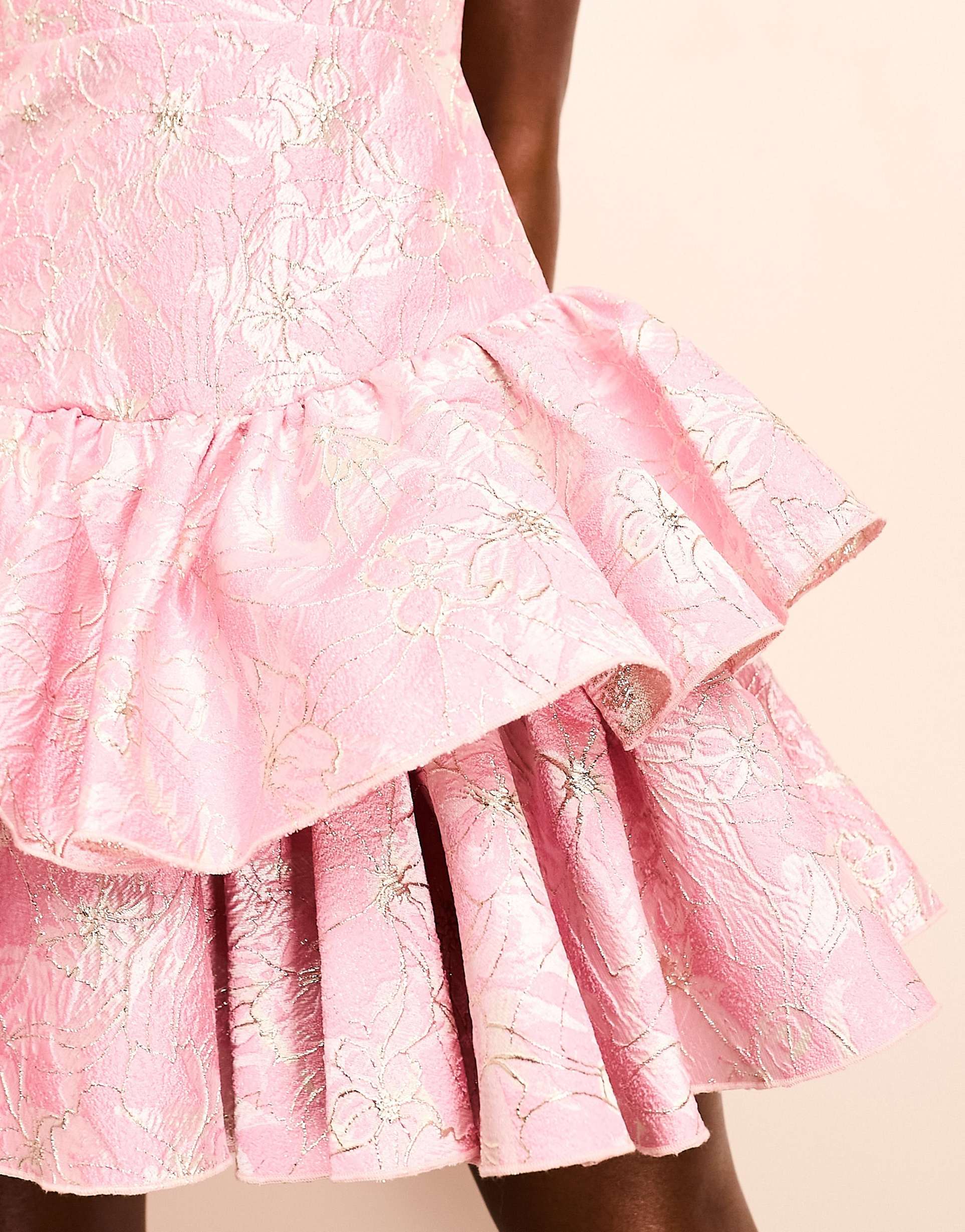 Women Pink Jacquard Corset Mini Dress Tiered Ruffle Skirt Spaghetti Strap Party Dress