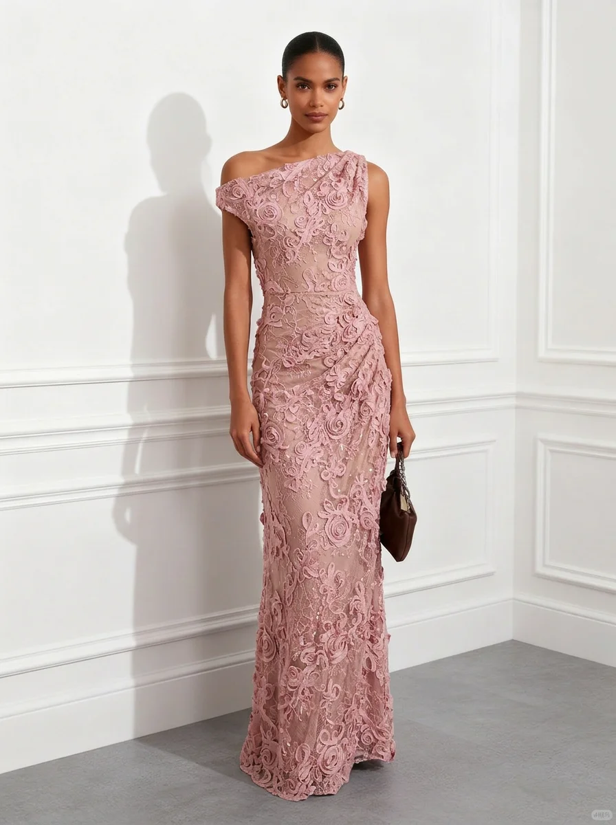 Pink Lace Asymmetrical Collar Short Sleeve Sheath Floor-length Gown Dress