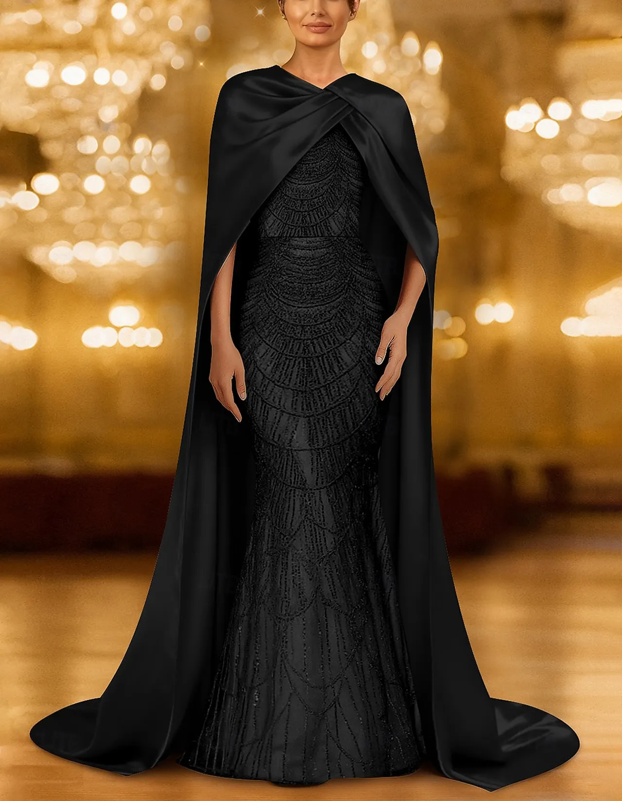 Champagne Gold Twist Cape Beaded Mermaid Maxi Dress