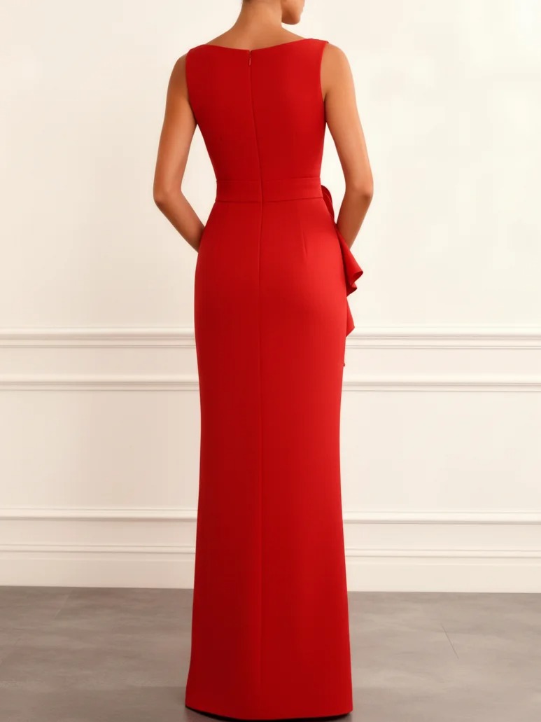 Red 3D Floral Side-Slit Classic Boat Neck Sleeveless Mermaid Maxi Dress