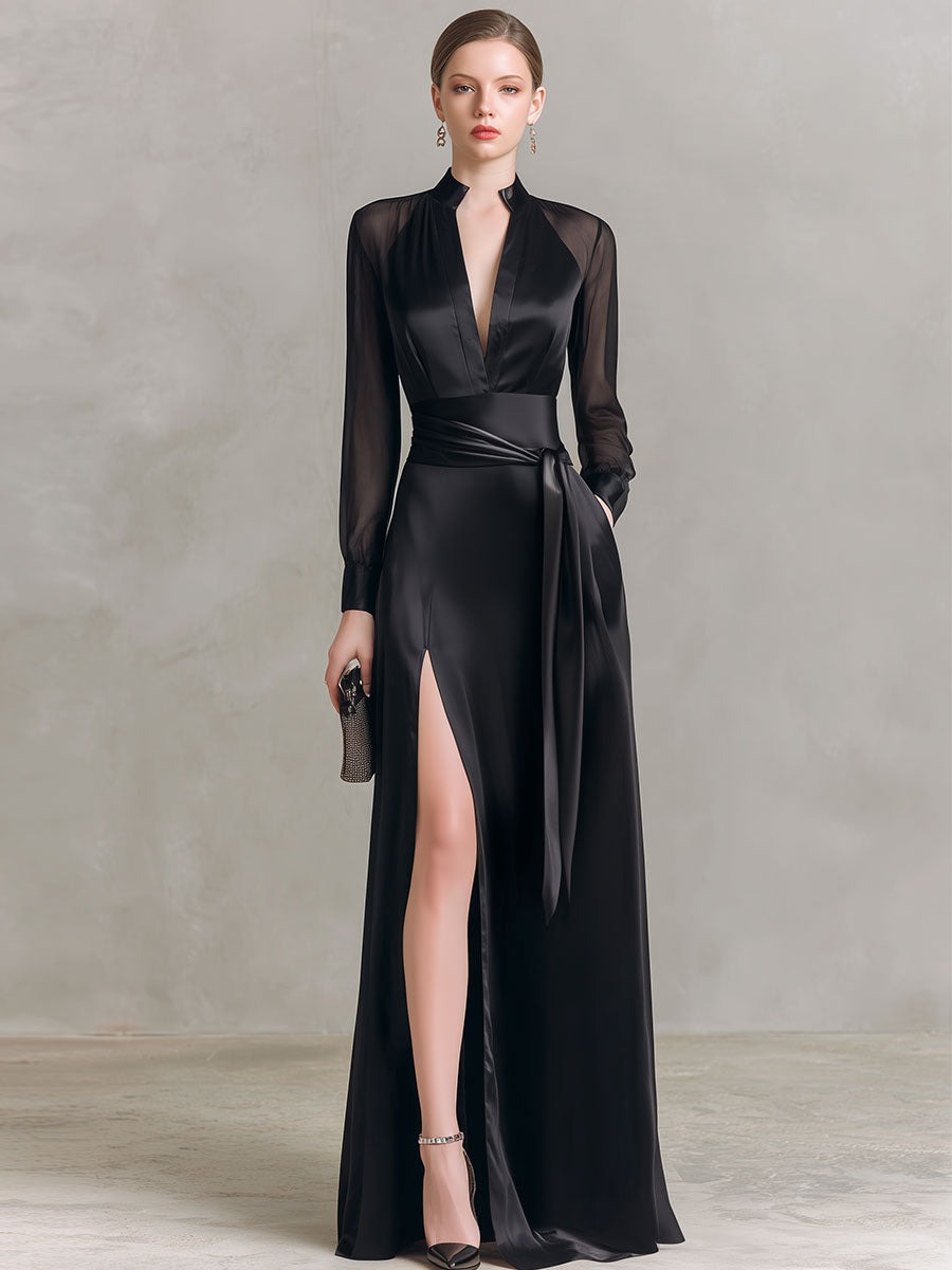 Elegant Black Satin Sheer-Sleeve High-Slit Evening Gown
