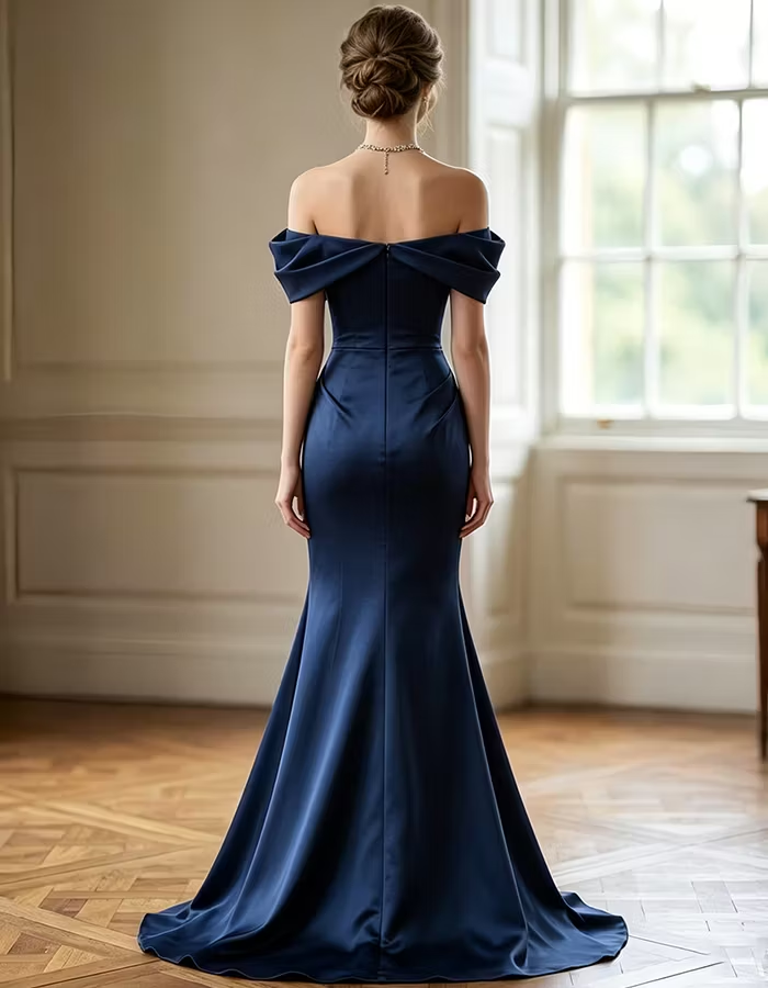 Navy Blue Off-the-Shoulder Ruched Satin Maxi Dress