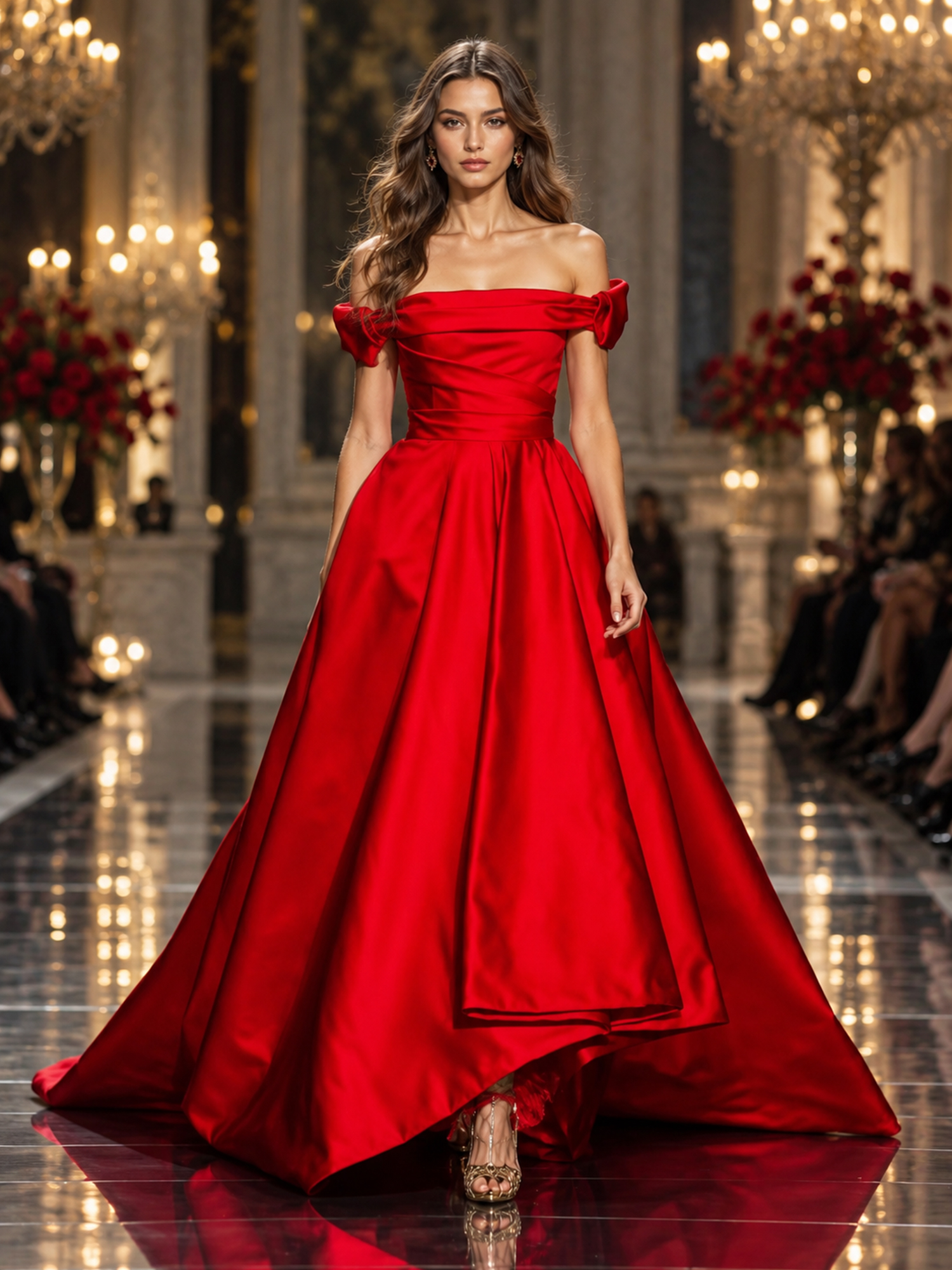 Red Off Shoulder Satin Ball Gown Formal Evening Dress