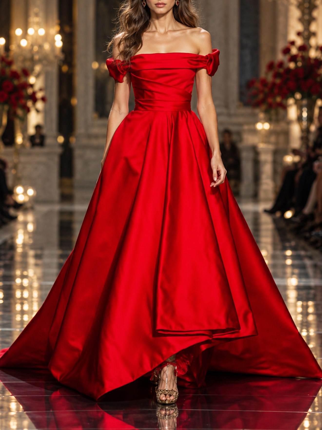 Red Off Shoulder Satin Ball Gown Formal Evening Dress