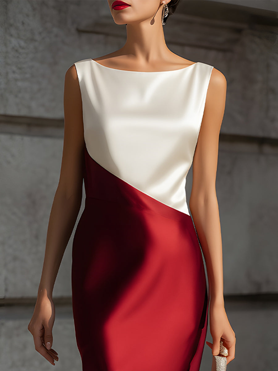 Ivory & Burgundy Asymmetric Color-Block Satin Midi Dress