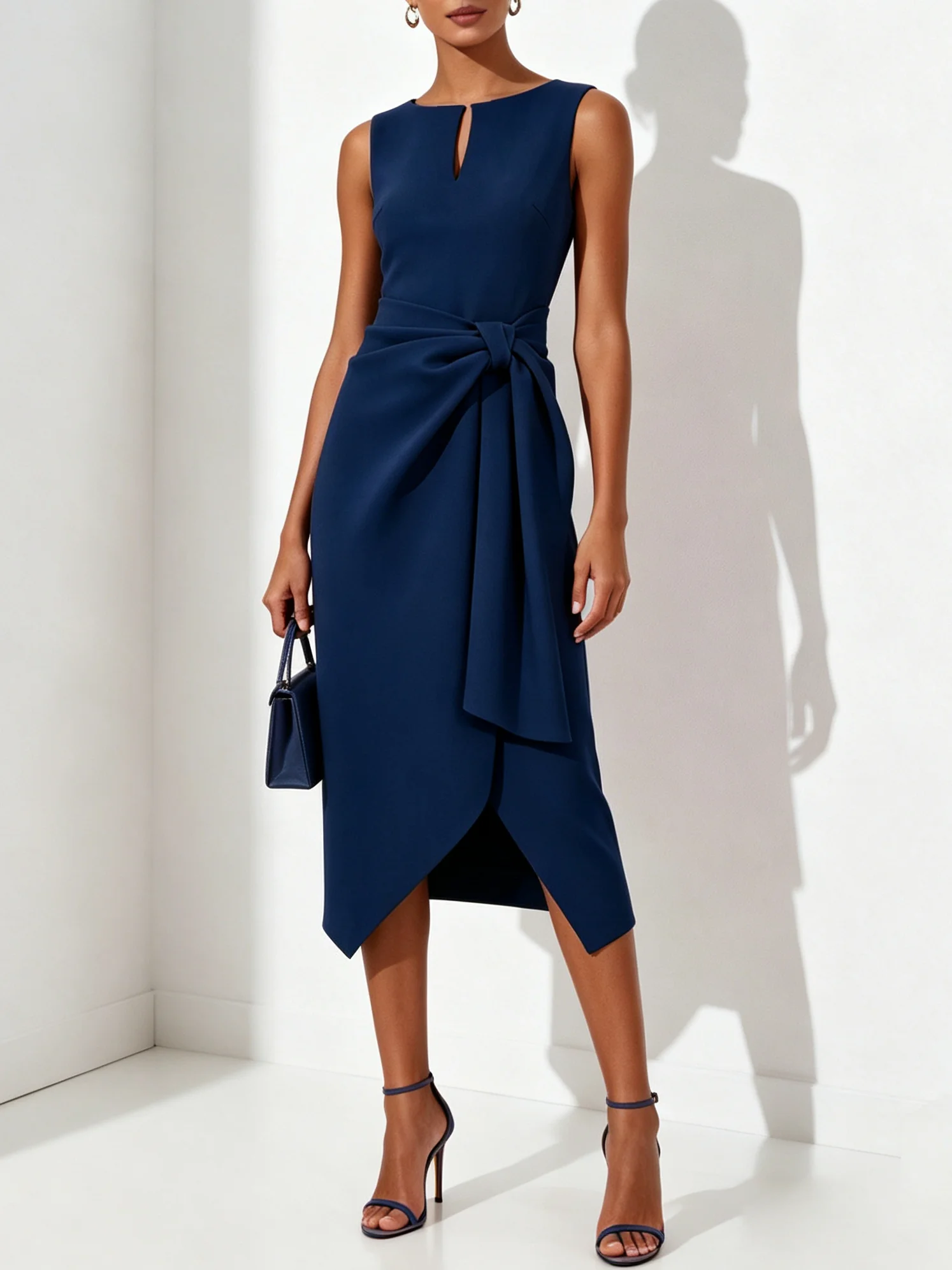 Navy Blue Ruched Classic Bow Notched Sleeveless Sheath Midi Dress